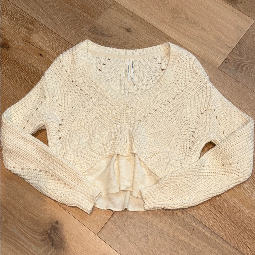 by Anthropologie Cropped Cream Knit Multimedia Sweater